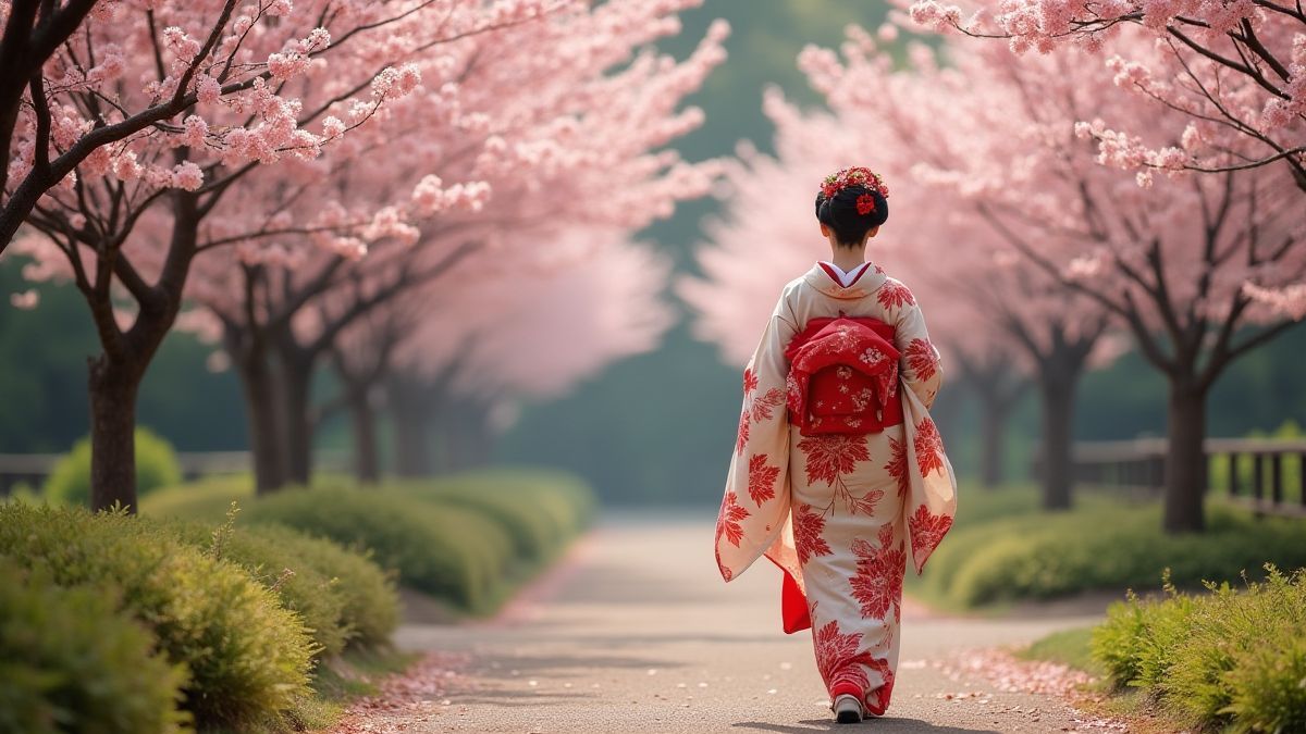 Eine japanische Geisha in einem Garten mit blühenden Kirschbäumen.