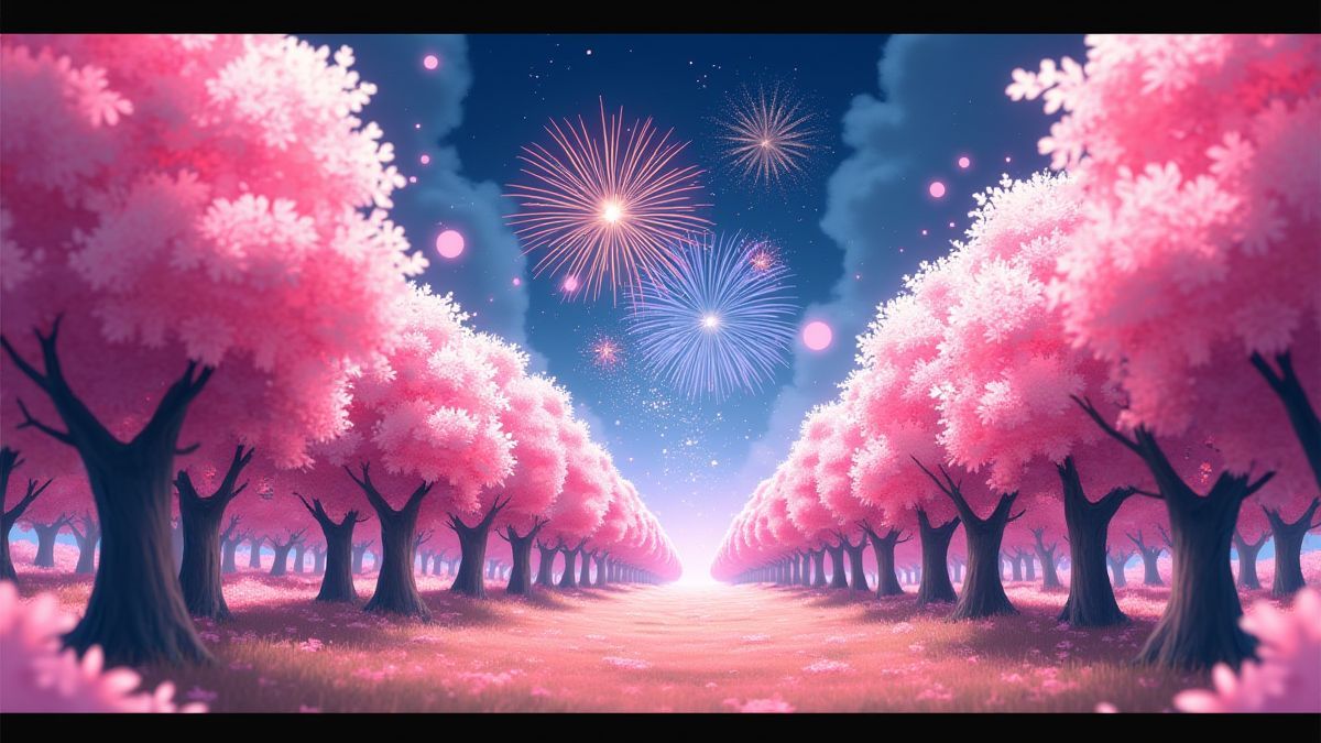 Un verger avec des cerisiers et des feux d'artifice animés