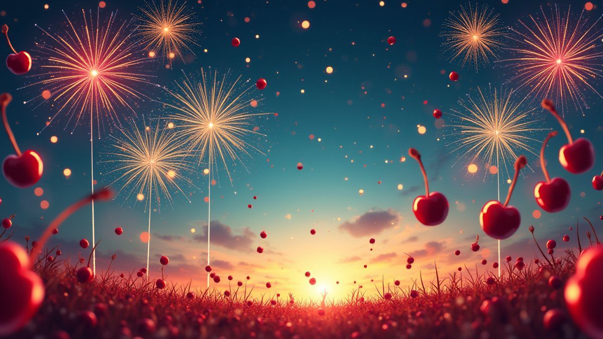Scène de fête avec des feux d'artifice et des cerises animées