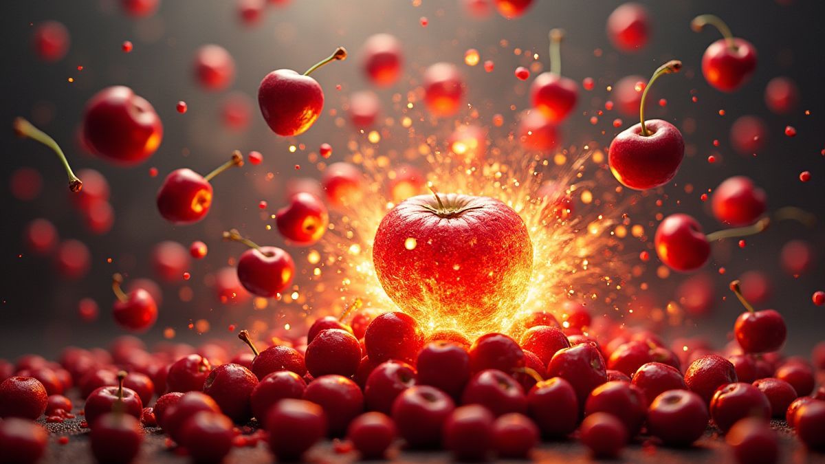 Grade mágica com cerejas explodindo e frutas caindo.