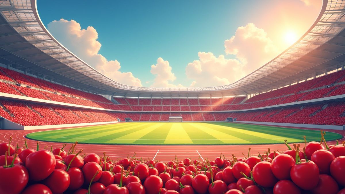 Estádio esportivo cheio de cerejas e medalhas de ouro.