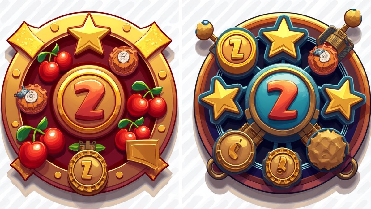 Comparação entre estilos de slots com cerejas e símbolos complexos.