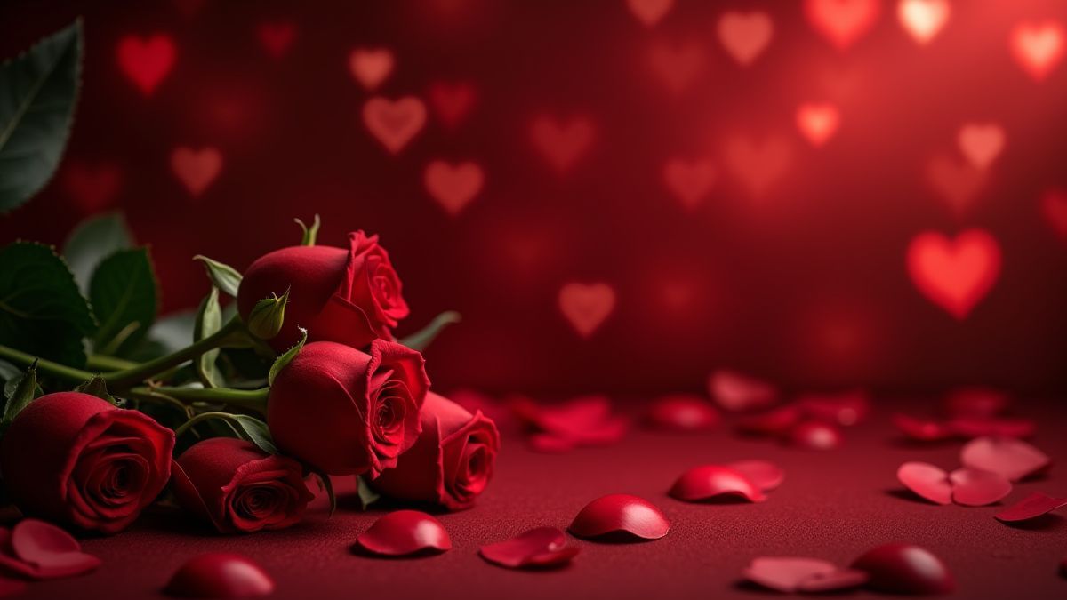 Um ambiente de cassino romântico com rosas vermelhas e cerejas.