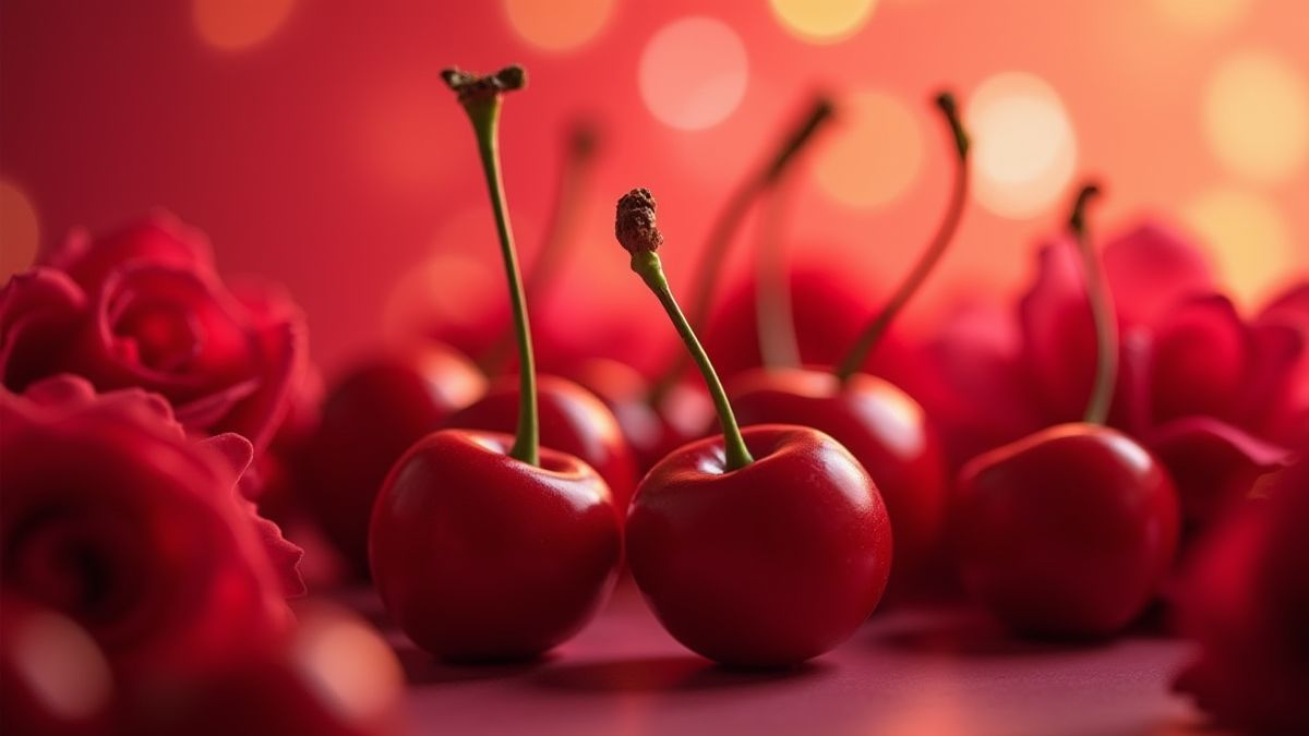 Cerejas e rosas com um fundo brilhante.