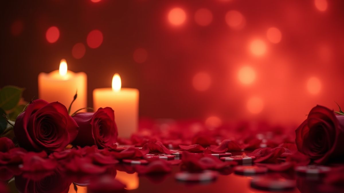 Fundo de cassino com elementos românticos como rosas e velas.