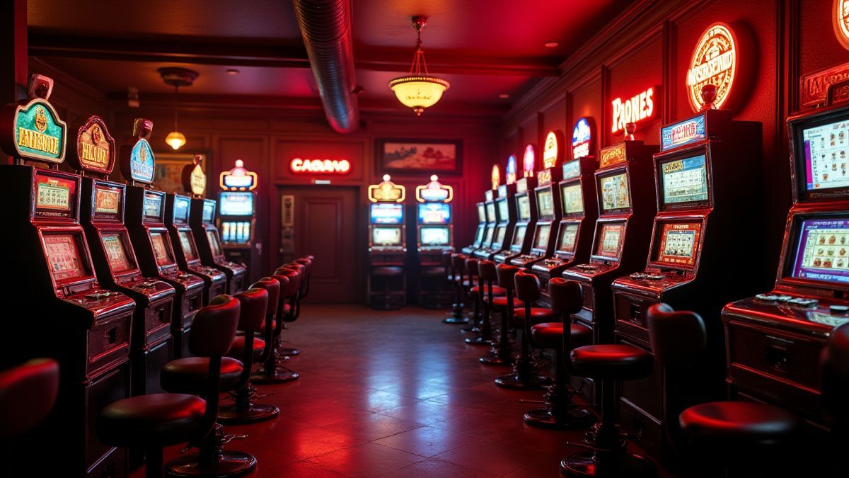 Un salón de casino acogedor con máquinas tragaperras vintage.