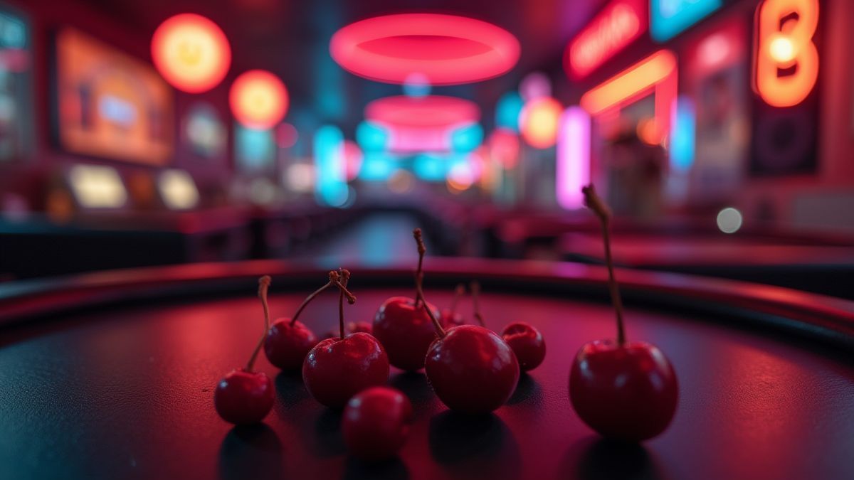 A retro casino with neon lights and cherries on a table.