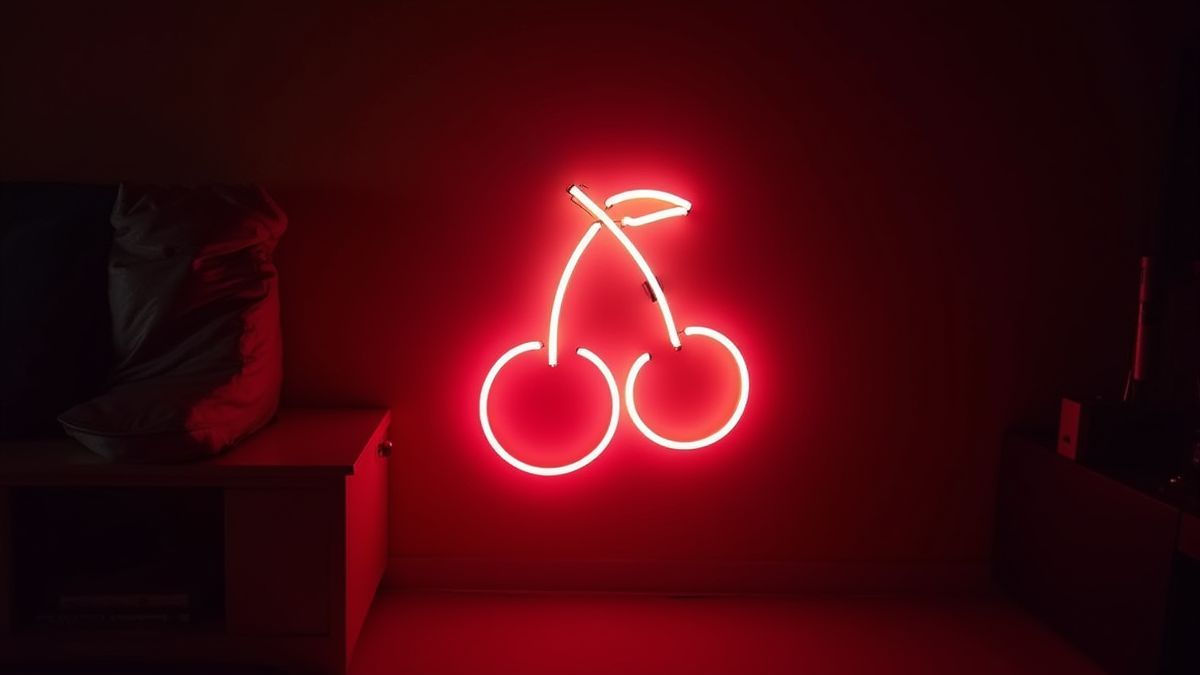 A neon cherry glowing in a dark room.