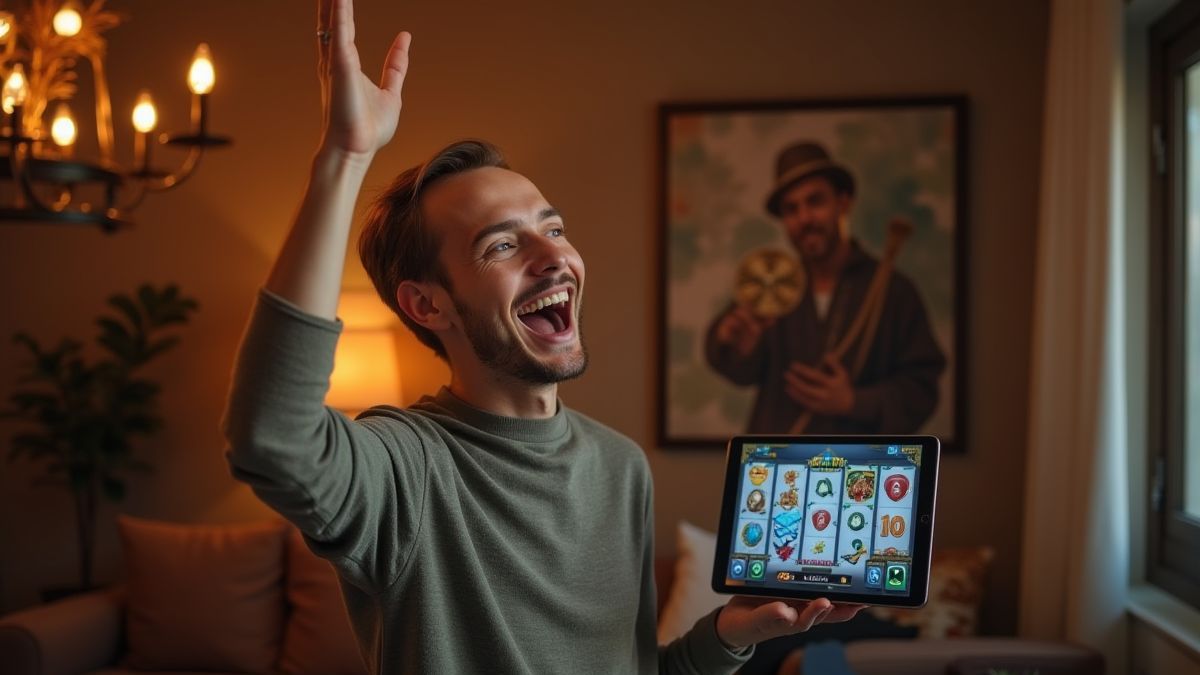 A happy player celebrating while playing on their tablet.