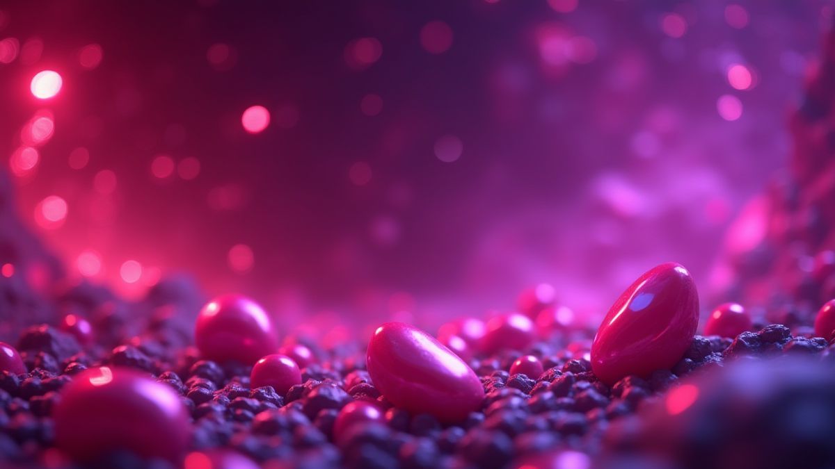 Fundo cósmico com cerejas e diamantes flutuantes.