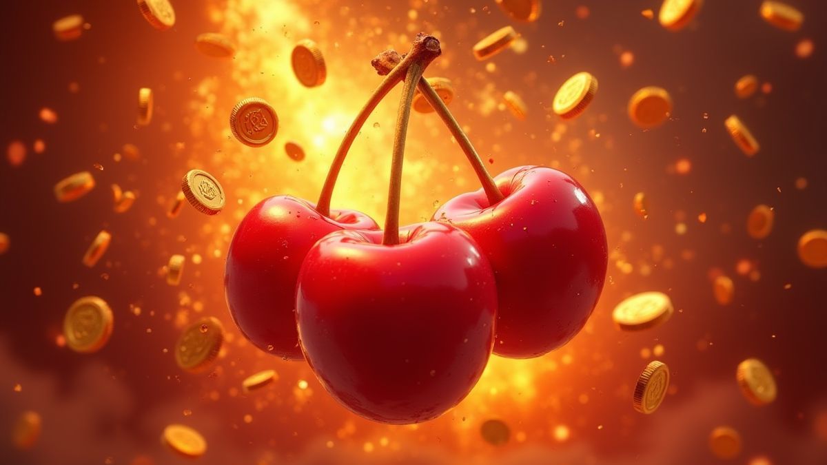 Uma explosão animada de cerejas com moedas douradas caindo.