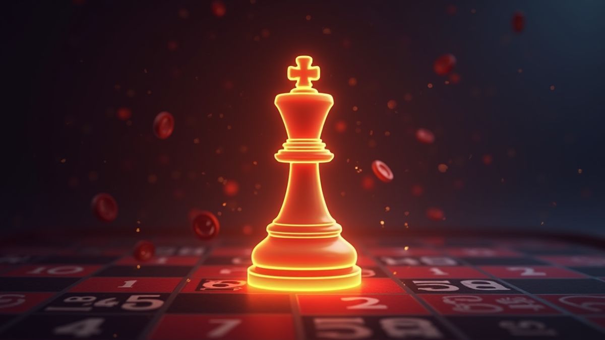 Schaakstuk dat oplicht tegen een casino-achtige achtergrond.
