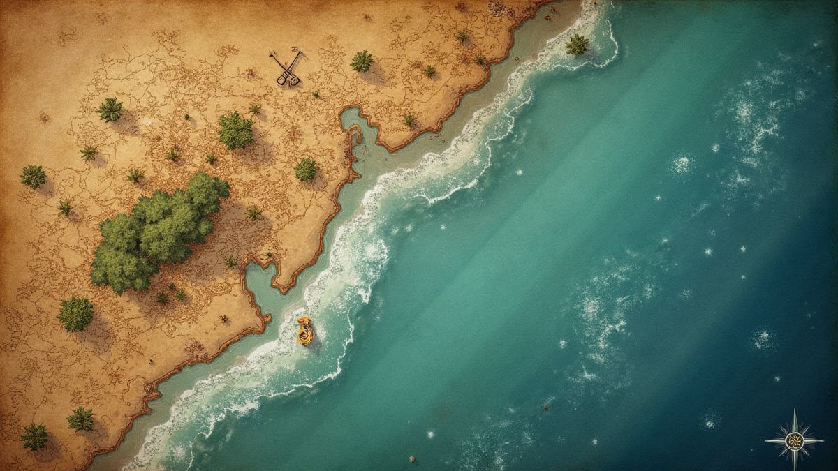 Carte pirate avec des marques de trésors sur une côte.