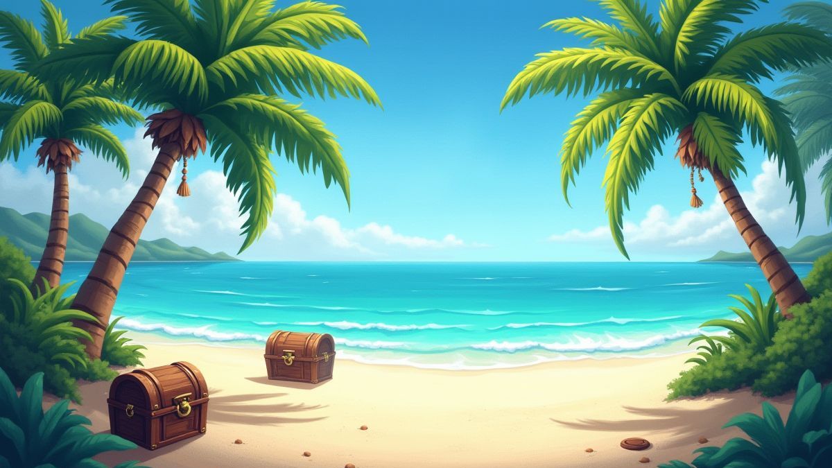 Une île tropicale avec des palmiers et des coffres au trésor sur la plage.