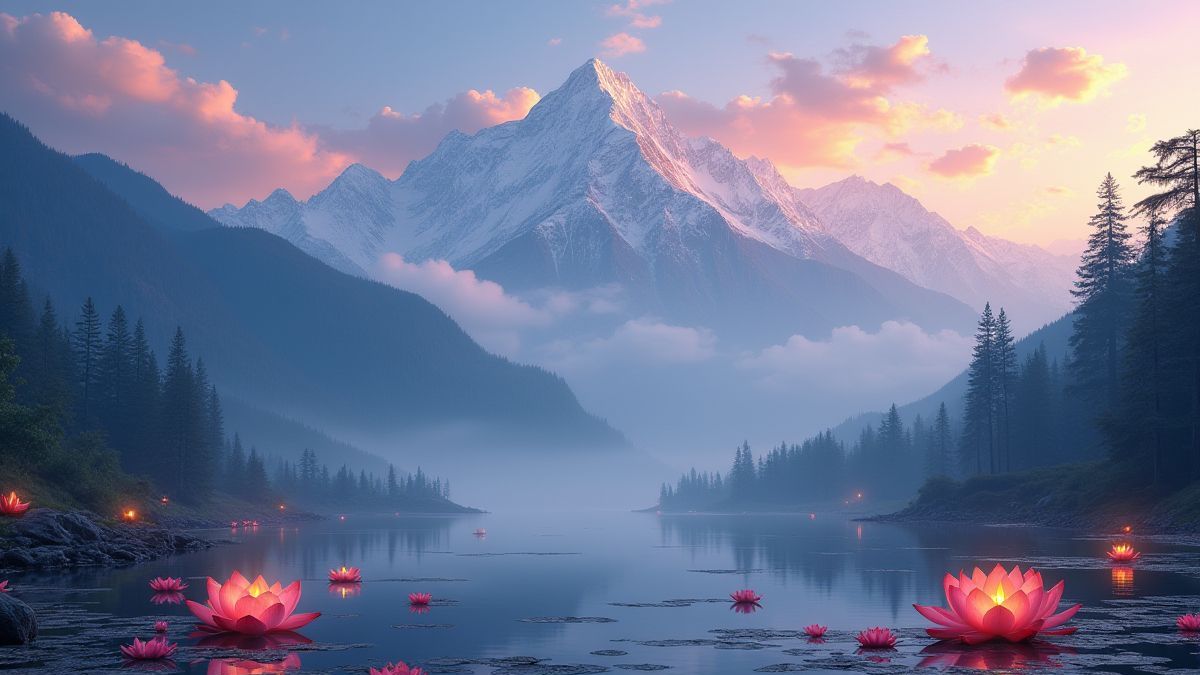 Himalaya-Berge mit Laternen und Lotusblumen.