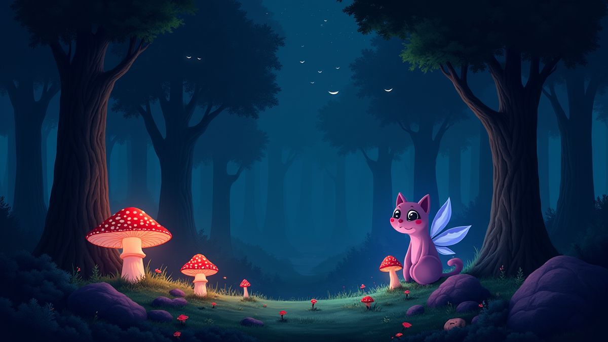 Magical forest with creatures and glowing mushrooms.