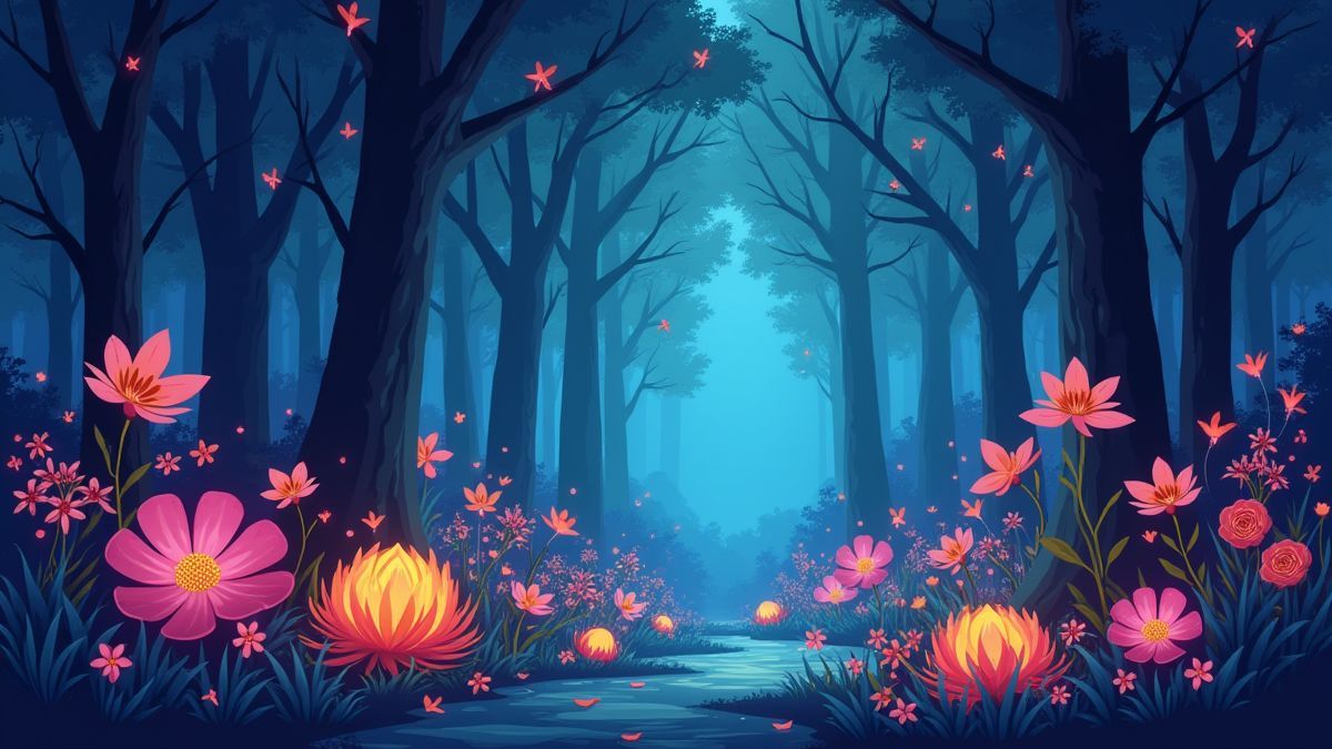 Glowing forest with adorable creatures and colorful plants.