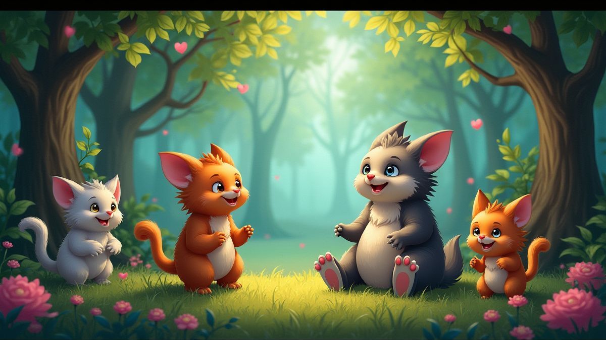 Creatures celebrating in a magical forest.