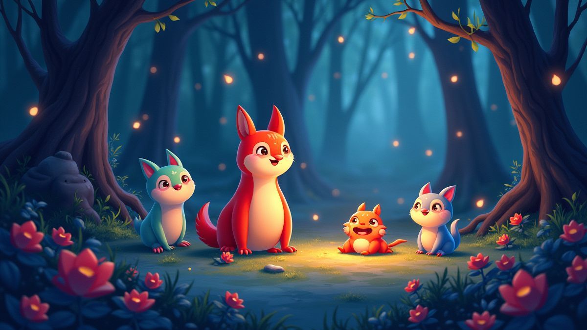 Cena de floresta mágica com criaturas coloridas e elementos brilhantes.
