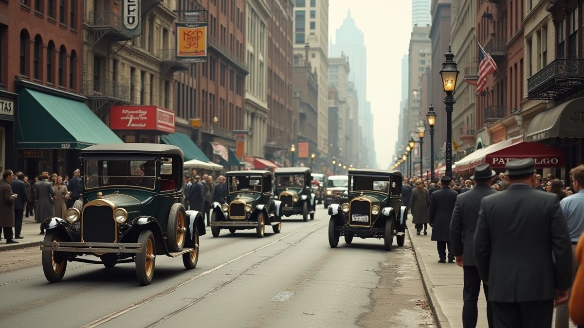 Calle de Chicago en los años 20 con coches vintage.