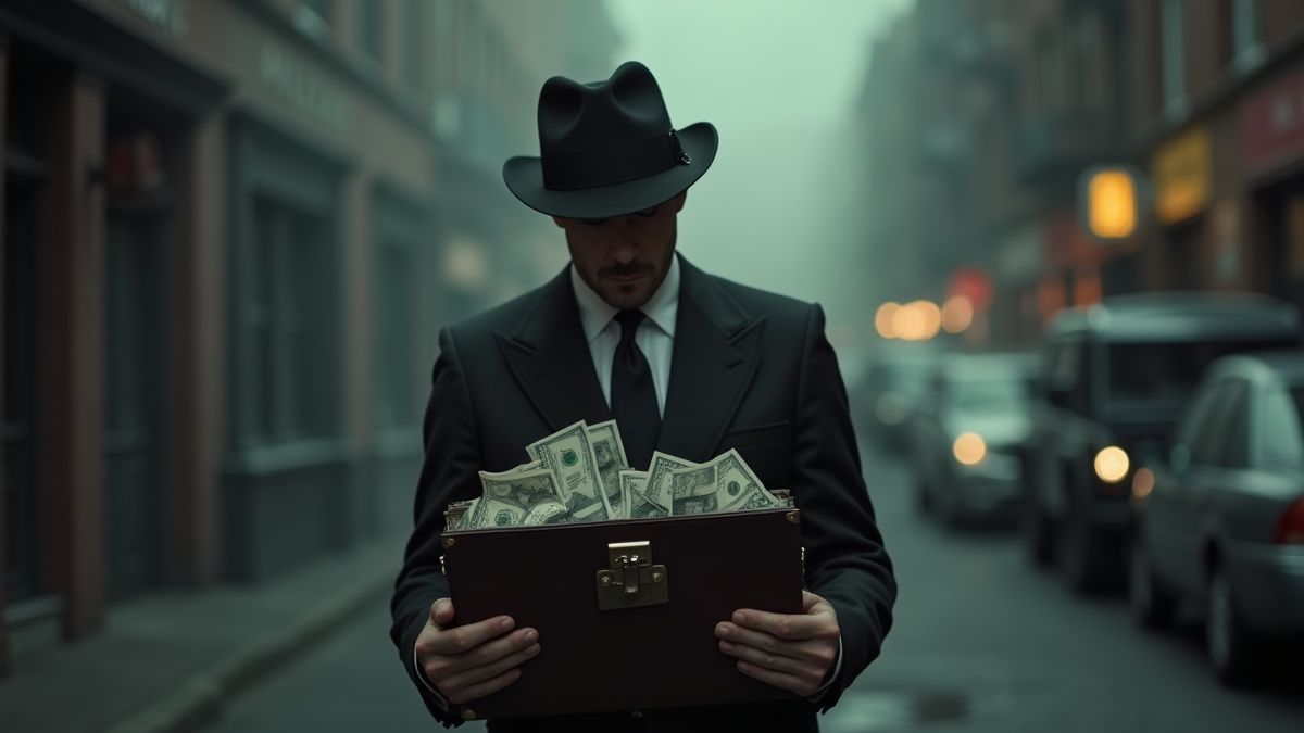 Gangster con un maletín lleno de dinero en una calle oscura.