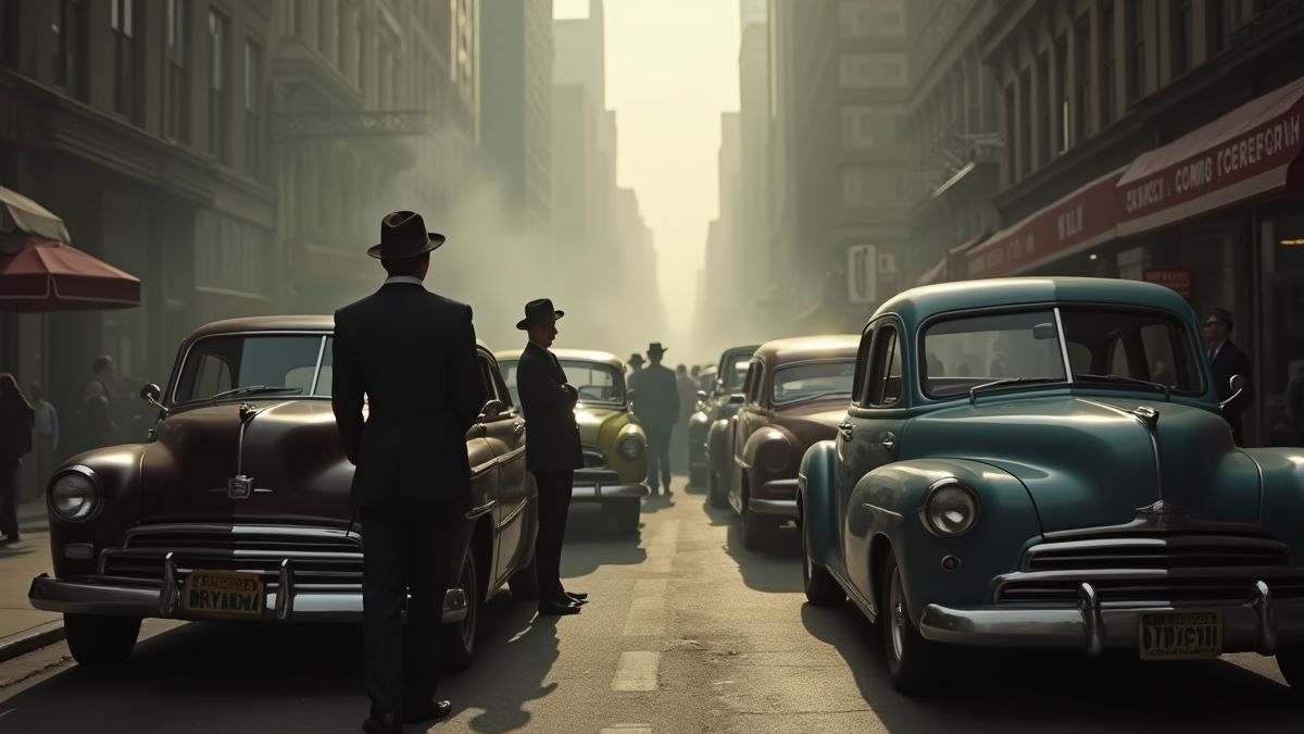 Straße in Chicago mit Vintage-Autos und Männern in Filzhüten.