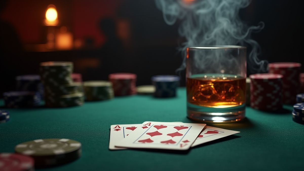 Pokertisch mit Karten, Chips und einem Whiskyglas in einem rauchigen Raum.