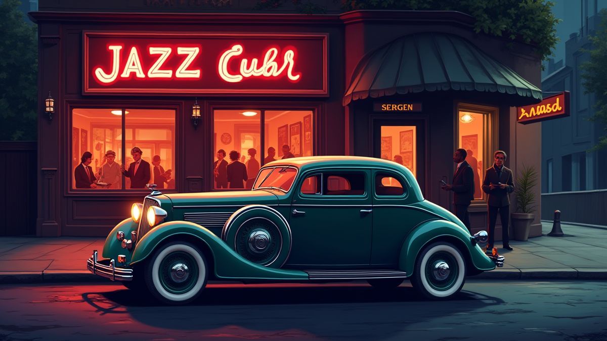 Un coche vintage frente a un club de jazz en Chicago.