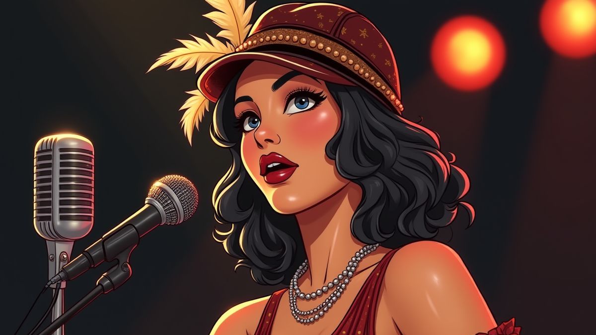 Cantante de jazz glamorosa actuando en el escenario.