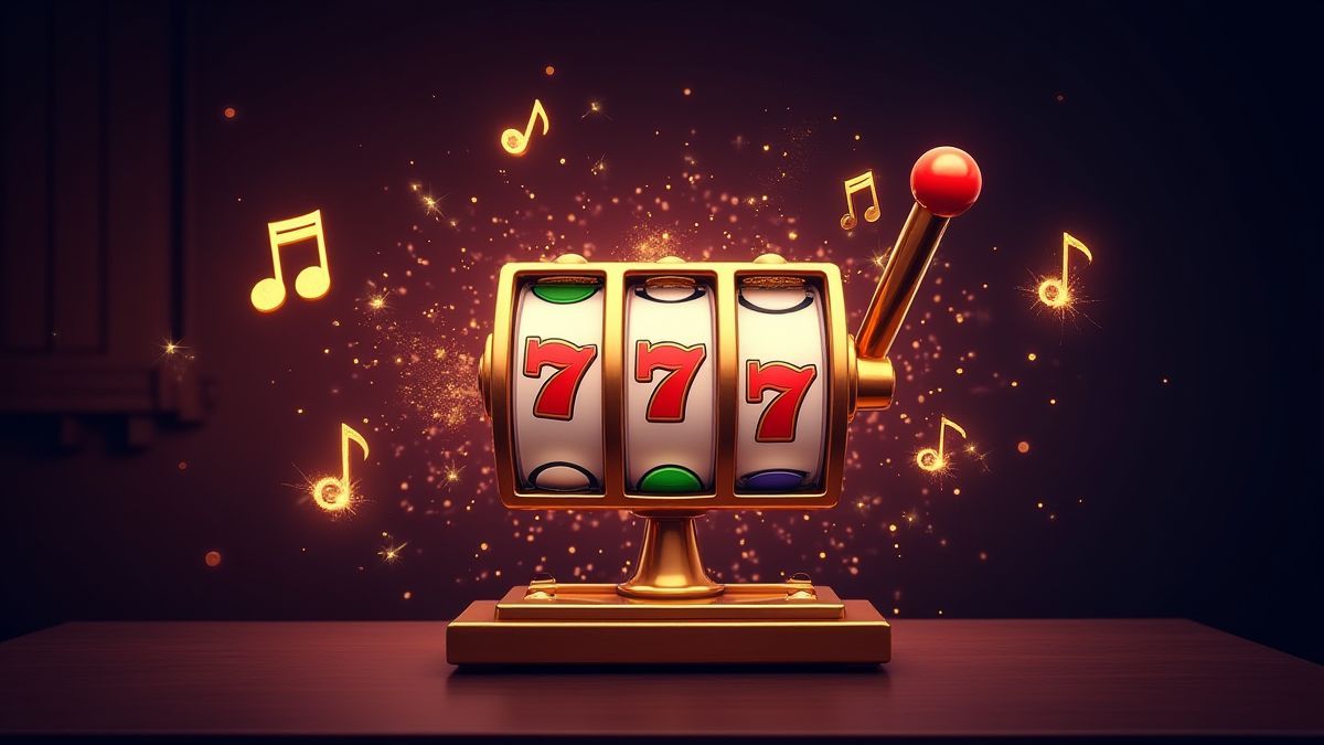 Màquina tragamonedas girando con notas musicales y efectos brillantes.