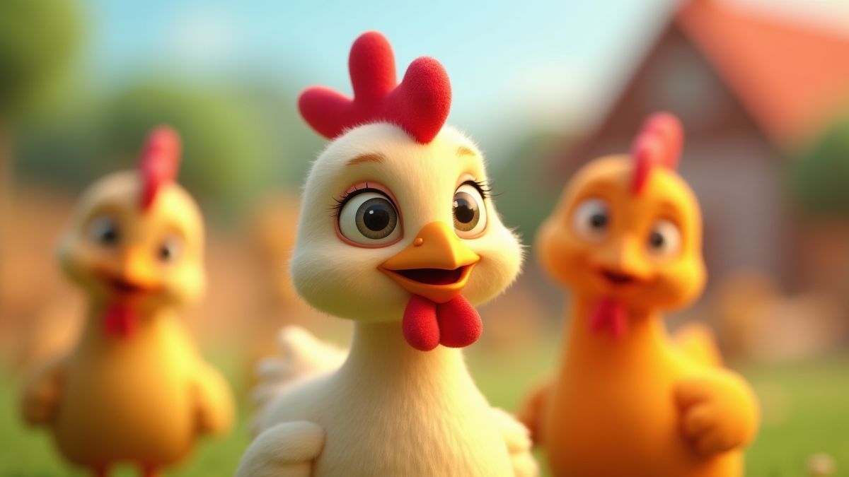Animierte Hühner auf einem bunten Farmhintergrund
