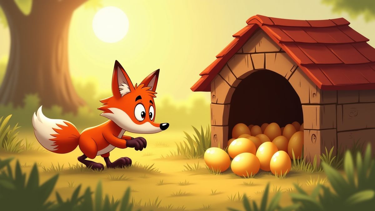 Animated fox stealthily entering a chicken coop full of golden eggs.