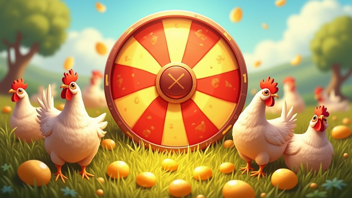 Barn with a spinning slot reel in the background, surrounded by chickens and golden eggs.