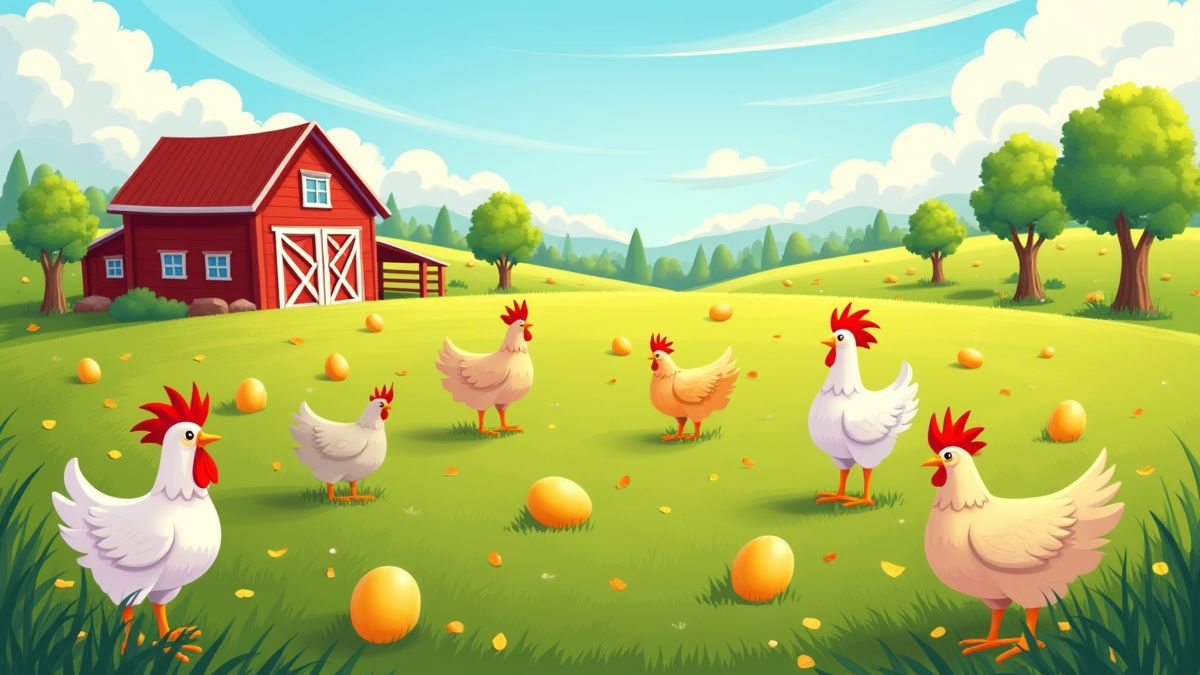 Eine bunte Farm mit Hühnern und goldenen Eiern verteilt