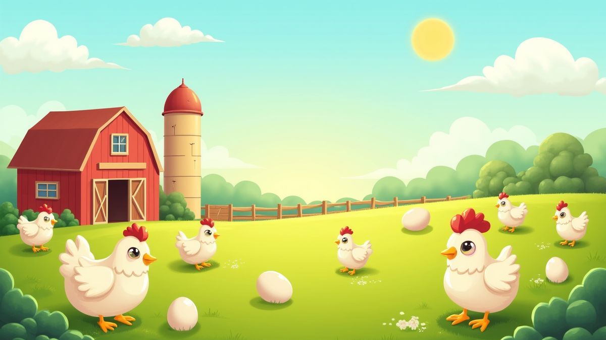 Granja con gallinas y huevos en un día soleado
