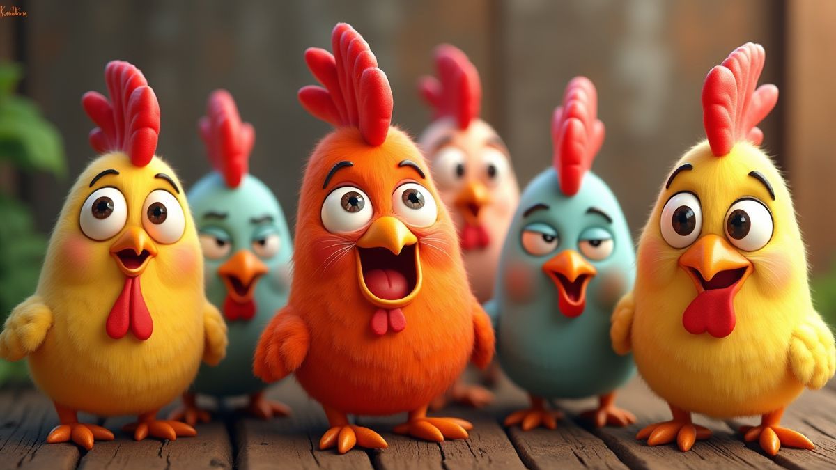 Gallinas coloridas y divertidas en un fondo de granja rústica