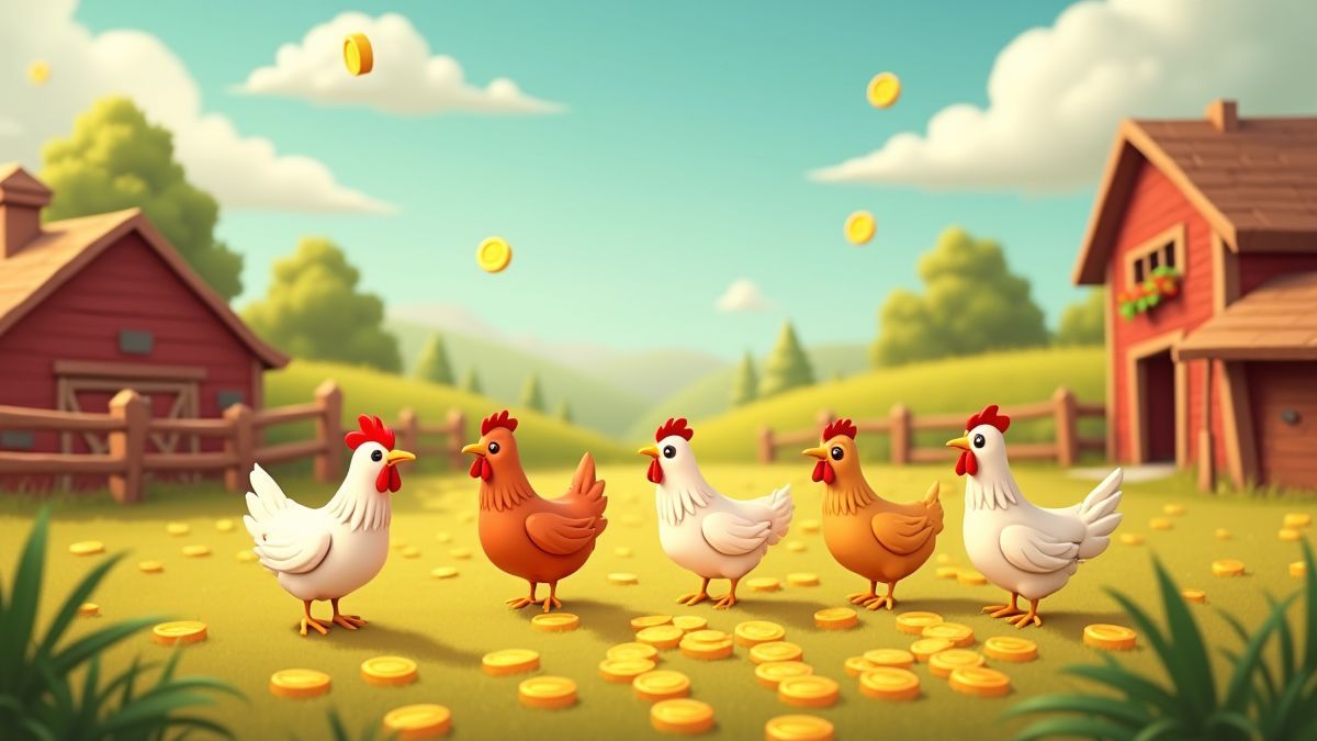 Um cenário de fazenda animada com galinhas e moedas douradas.