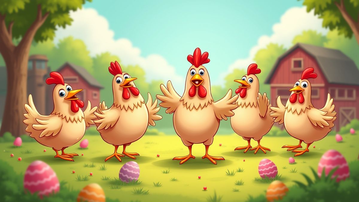 Granja animada con pollos bailando y huevos coloridos esparcidos.