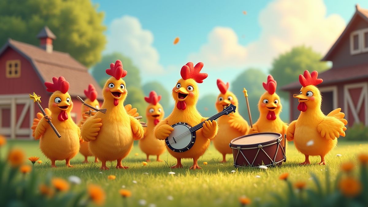 Pollos animados tocando instrumentos musicales en una granja alegre.