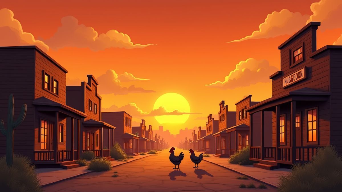 Gallinas paseando en un pueblo del Viejo Oeste.