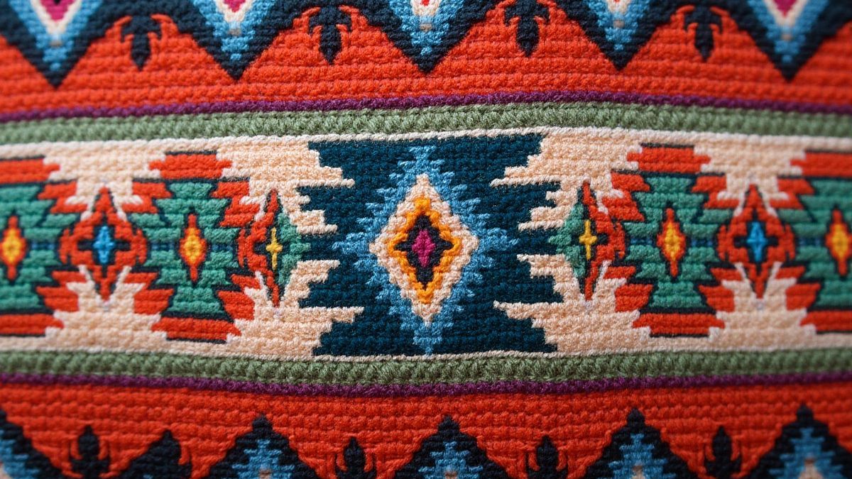 Un patrón tribal colorido con plumas y diseños geométricos.