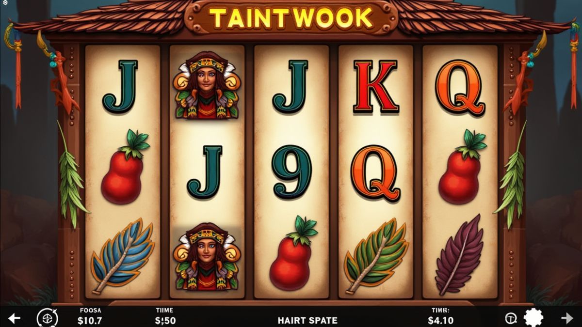 Una máquina tragamonedas sencilla con patrones tribales y plumas en el fondo.