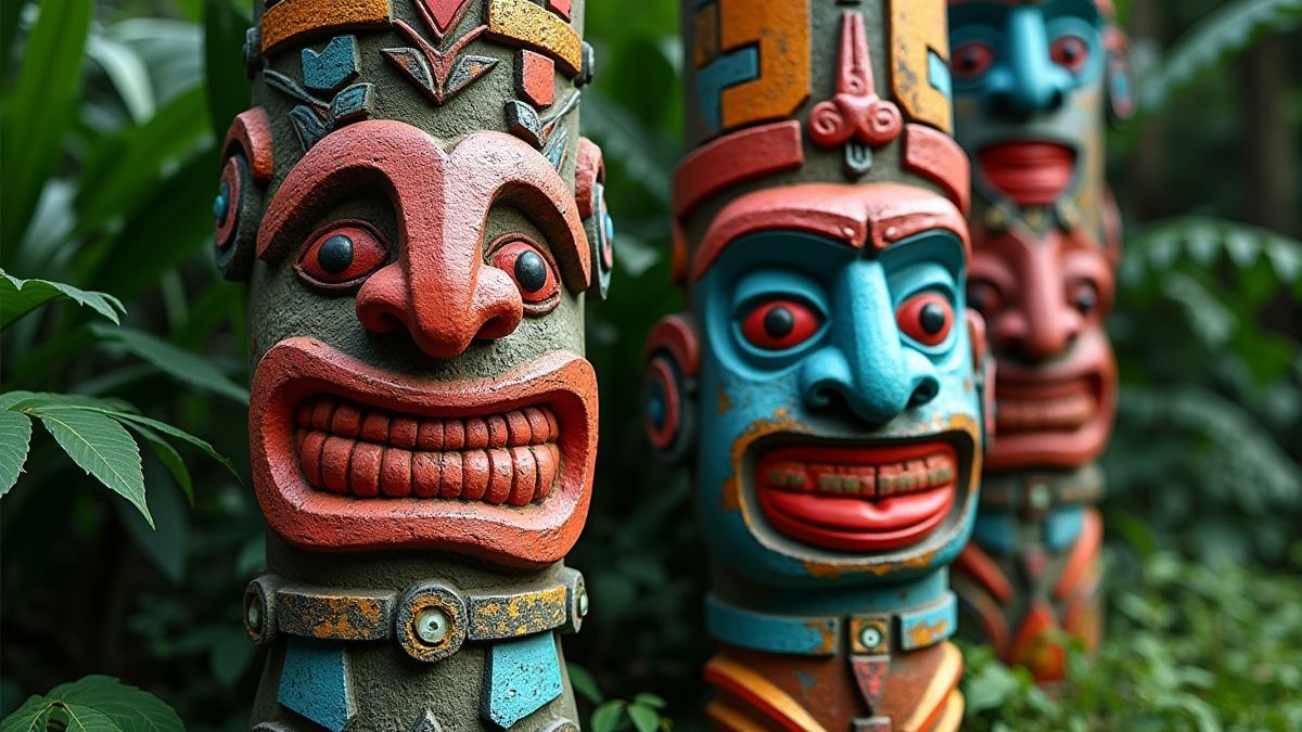 Tótems tribales rodeados de vegetación.