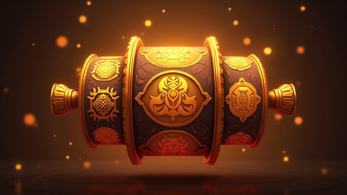 Carrete giratorio con símbolos tribales dorados brillando.
