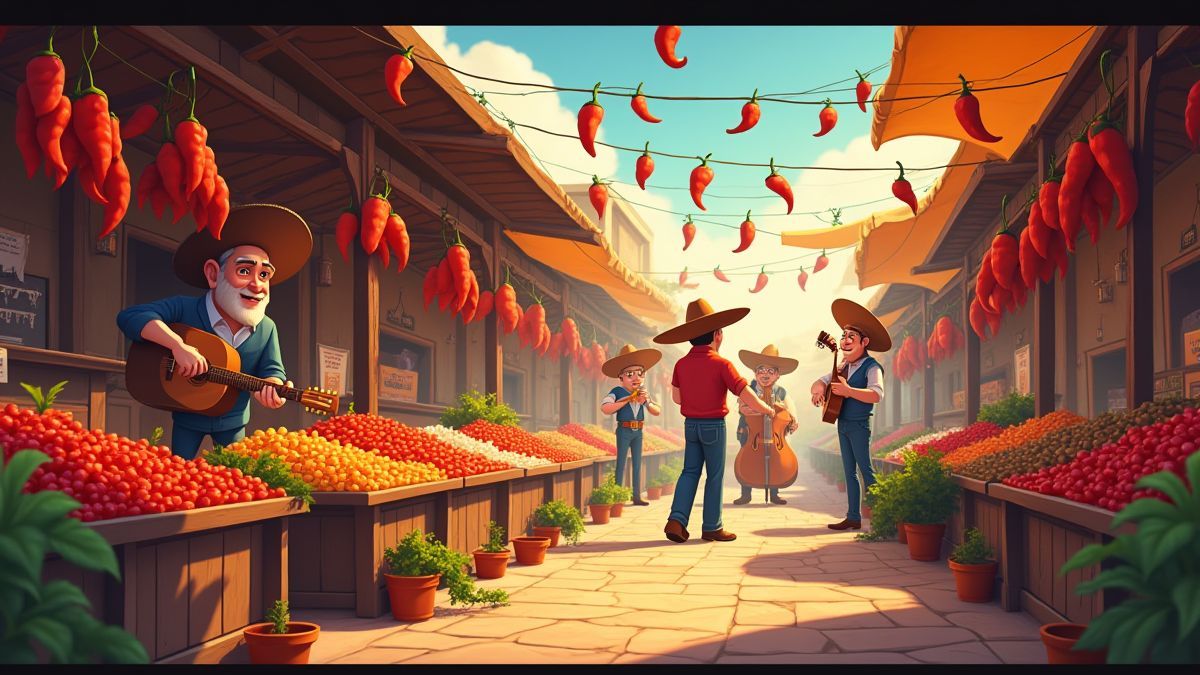 Scène animée d'un marché avec des piments et une bande de mariachis.