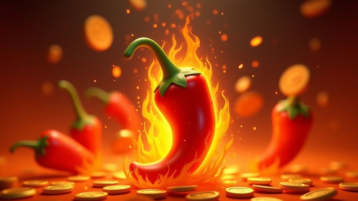 Piments ardents avec des pièces d'or tombant animément.