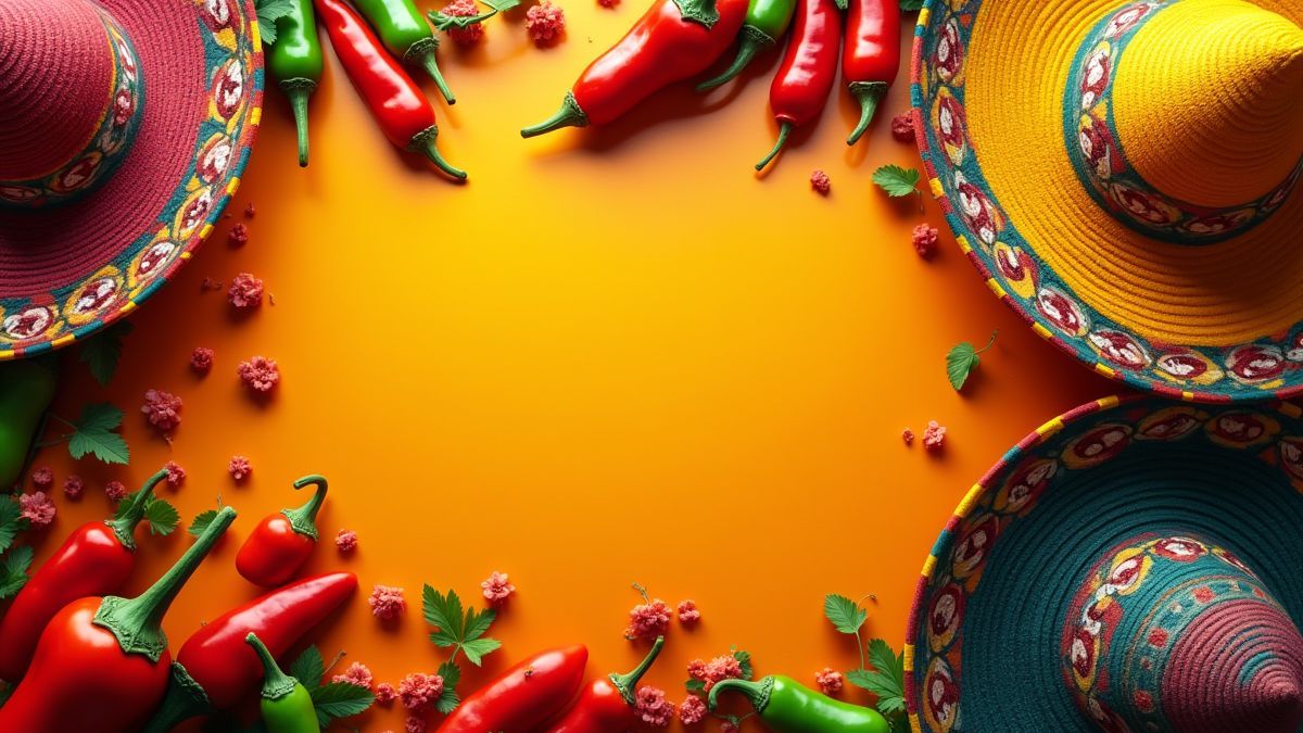 Mexikanischer Hintergrund mit Chilis und Sombreros.