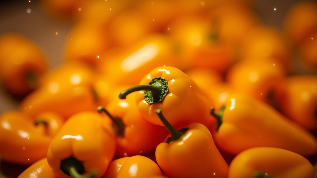 Glänzende goldene Chilis umgeben von Funkeln.