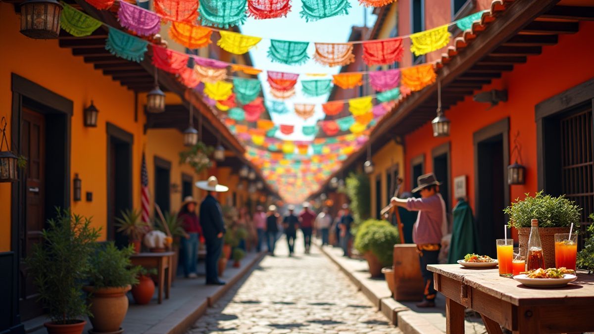 Calle mexicana decorada con papel picado y comida típica.