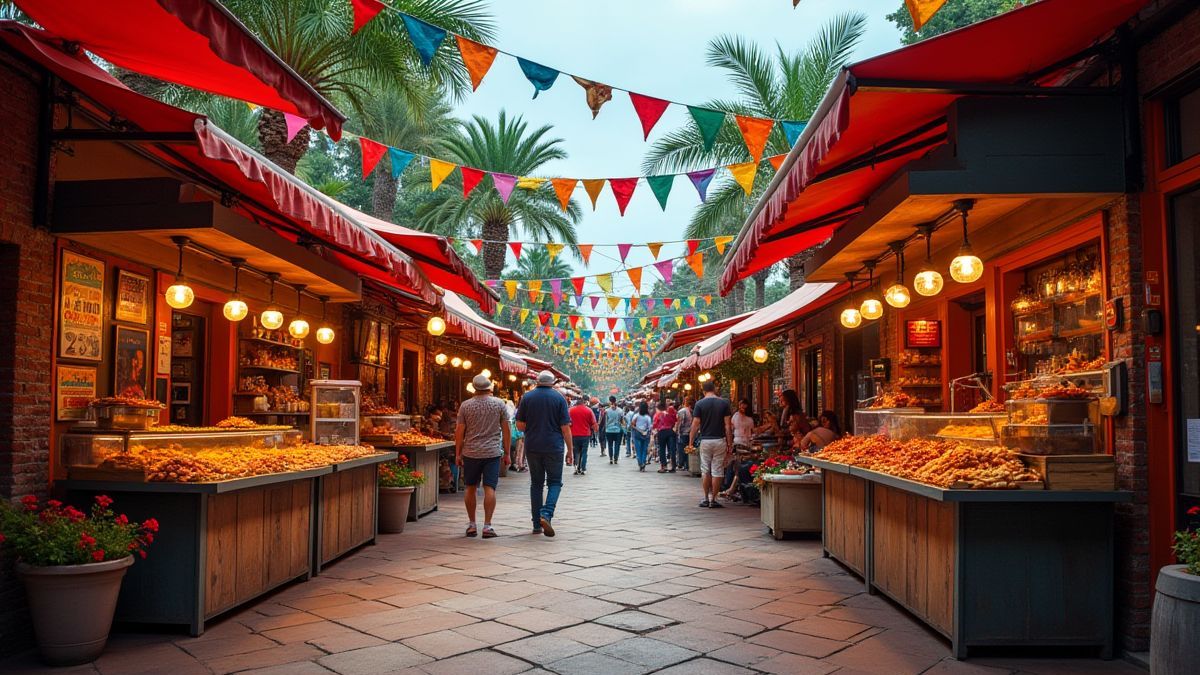 Mexican street market with colorful decorations and spicy food stalls.